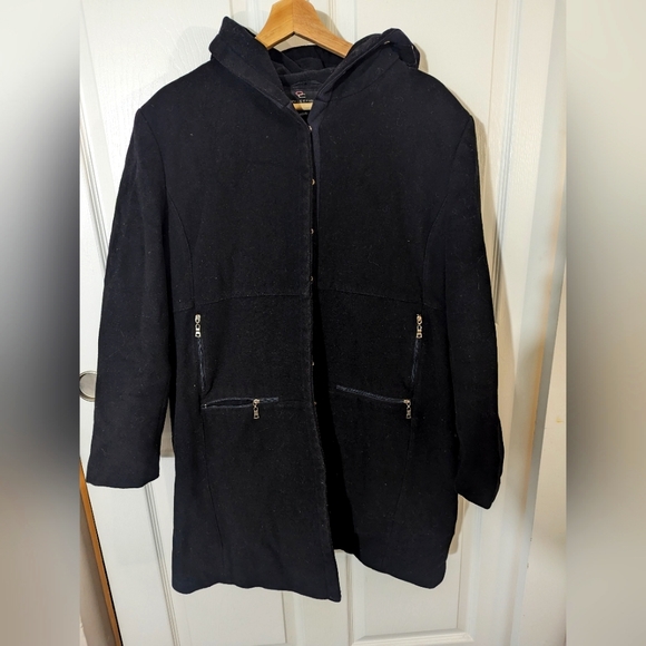 Black wool coat, long, snap close, XL - Picture 1 of 6